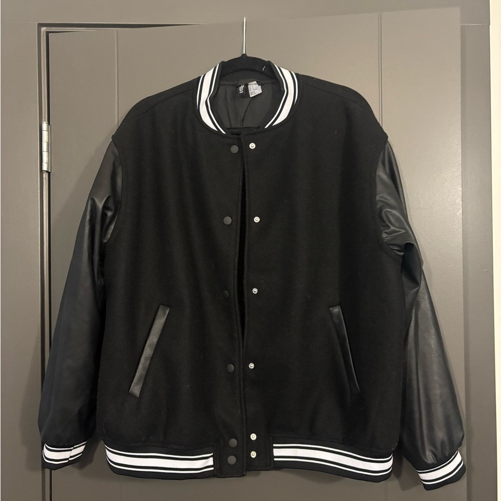 H&M Black Bomber Jacket with Leather Sleeves